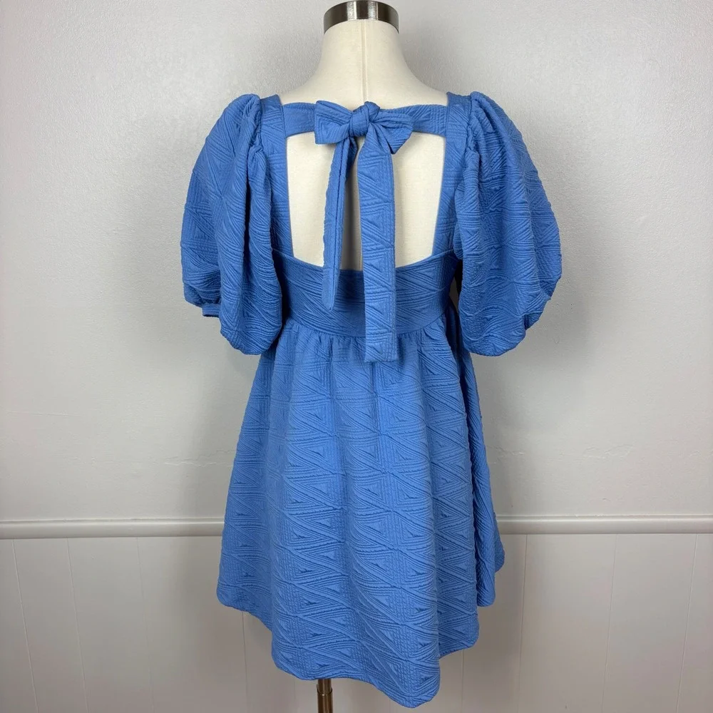 Free People Violet Puff Sleeve Mini Dress Blue Babydoll Textured‎ Matelasse Knit